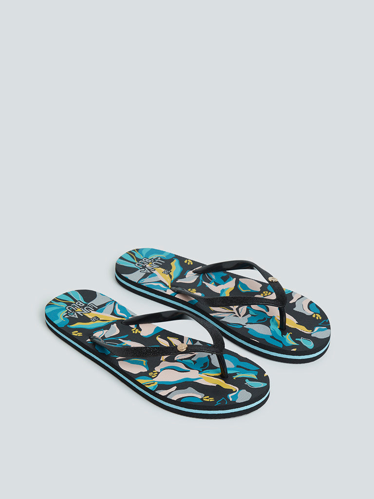 LUNA BLU Black Floral-Printed Flip-Flops